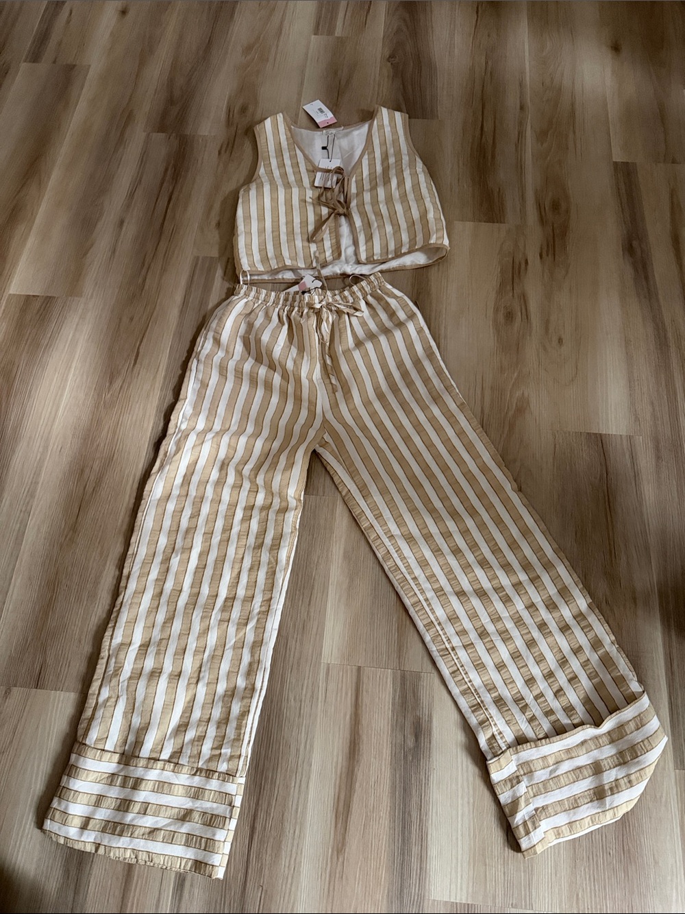 Line & Dot Striped Cream and Tan Wide-Leg Two-Piece Set
